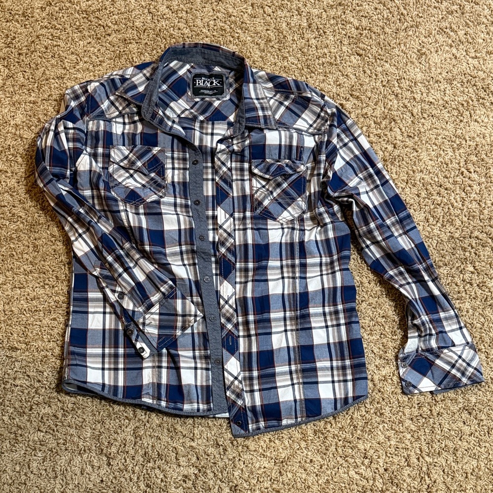 Buckle Navy and White Plaid Button Down Shirt